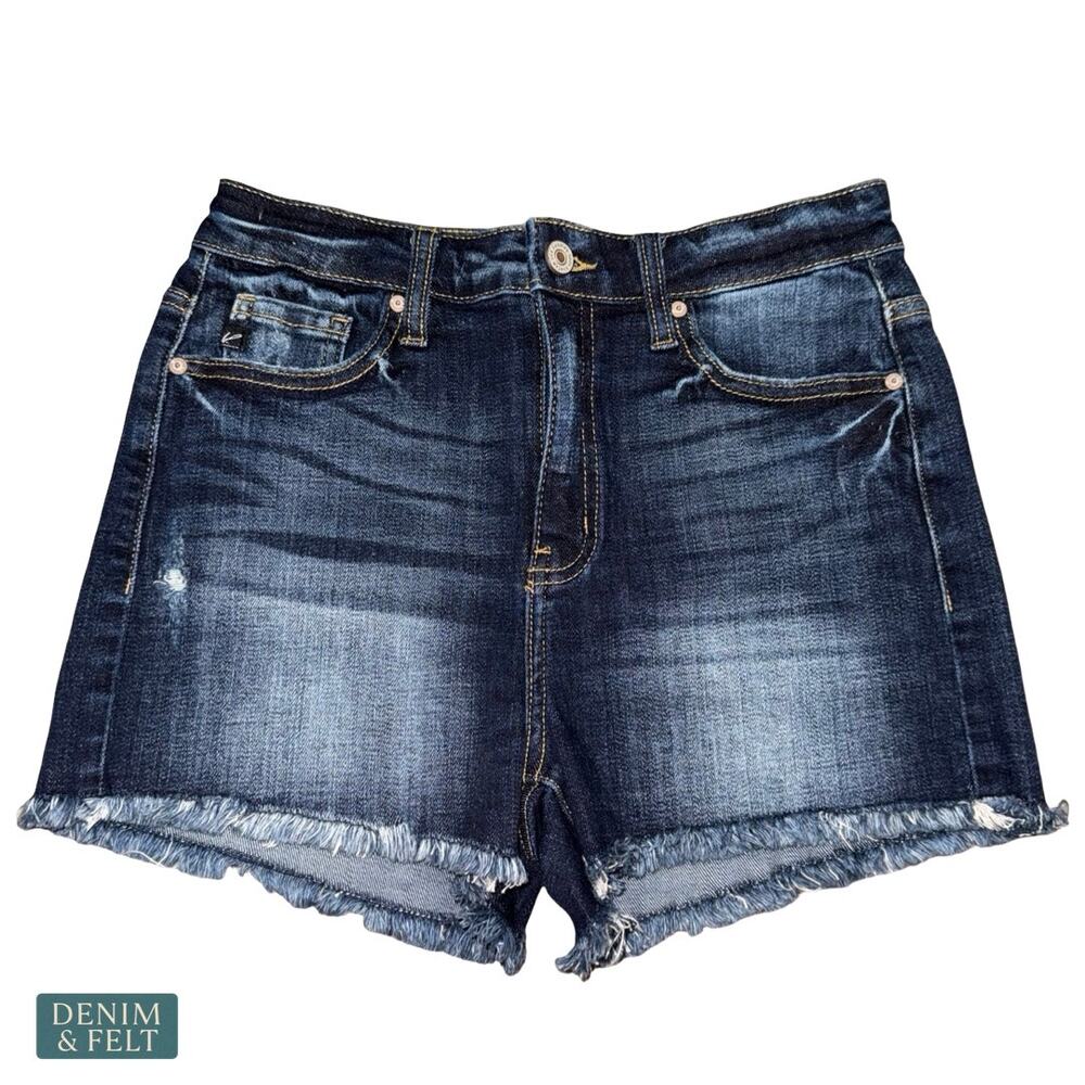 KanCan Dark Wash Denim Shorts Mid Rise Raw Hem KC7323D Blue Medium